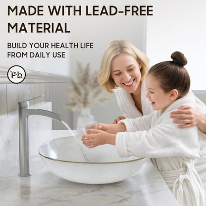 Phiestina Brushed Nickel Tall Bathroom Vessel Sink Faucet, Single Hole Single Handle Waterfall Modern Above Countertop Sink Bathroom Faucet, with Pop Up Drain and Water Supply Line, NS-SF01-BN-V - color: Brushed Nickel, style: 1 pack