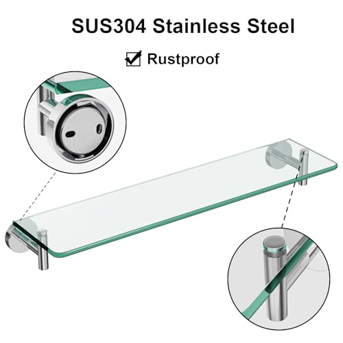 Glass Shelves for Bathroom,20-Inch Chrome Polished Floating Bathroom Shelf Stainless Steel Tempered Glass Shelf Modern Shelves Wall Mounted - color: Chrome Polished, size: 20"without railing