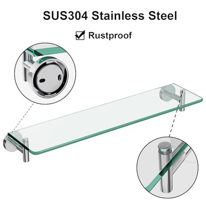 Glass Shelves for Bathroom,20-Inch Chrome Polished Floating Bathroom Shelf Stainless Steel Tempered Glass Shelf Modern Shelves Wall Mounted - color: Chrome Polished, size: 20"without railing