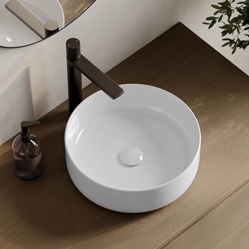 Stylish 14-1/8" White Round Vessel Bathroom Sink, Glossy Porcelain Bowl with Slim Edge, Above-Counter Installation, High-Gloss Finish Set of 2, P-229H-2 - style: 14-1/8" White Round Vessel set 2