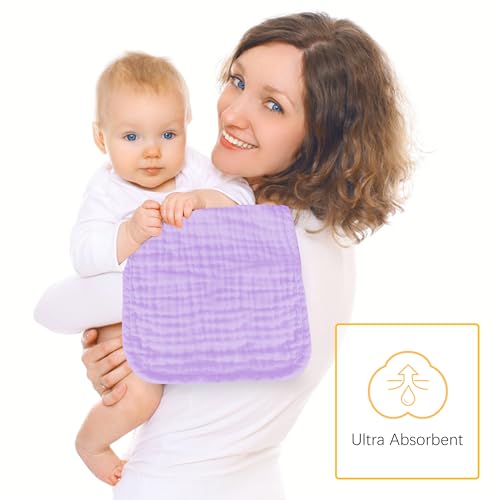 Lovely Care 12 Pack Muslin Burp Cloths 100% Cotton Muslin Cloths Large 20''x10'' Extra Soft and Absorbent Baby Burping Cloth - Purple - color: Purple, size: 10x20 Inch (Pack of 12)