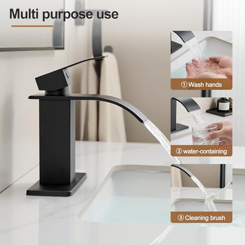 Waterfall Bathroom Faucet, Single Handle Matte Black Sink Faucet 1 Hole or 3 Hole for Lavatory, Washbasin, Vanity, Commercial, with Deck, Pop-up Drain and Supply Hoses - color: Matte Black