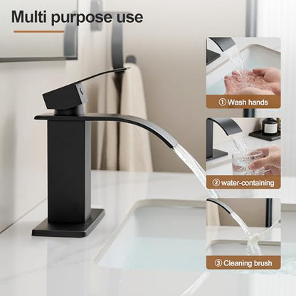 Waterfall Bathroom Faucet, Single Handle Matte Black Sink Faucet 1 Hole or 3 Hole for Lavatory, Washbasin, Vanity, Commercial, with Deck, Pop-up Drain and Supply Hoses - color: Matte Black