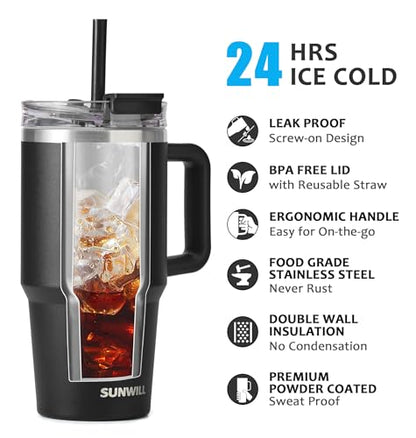 SUNWILL 20 oz Tumbler with Handle and Straw Leak Proof,Travel Coffee Mug with Lid, Stainless Steel Cup Insulated for Office & Gym, Cupholder Friendly, Powder Coated Black - color: Powder Coated Black, size: 20 Ounces
