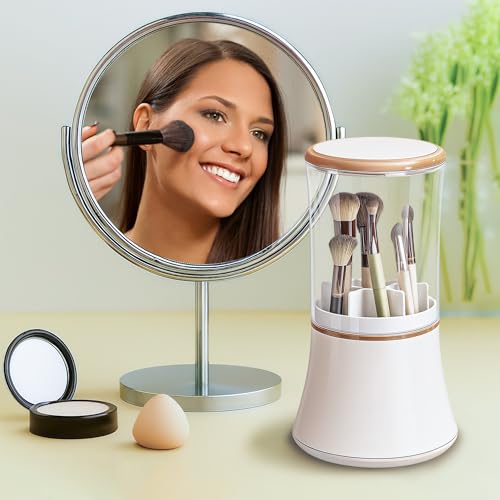 Makeup Brush Holder with Lid Cosmetic Tools Organizer 360 Rotating Waterproof Dustproof Make Up Brushes Storage for Vanity Bathroom Countertop - color: White slender