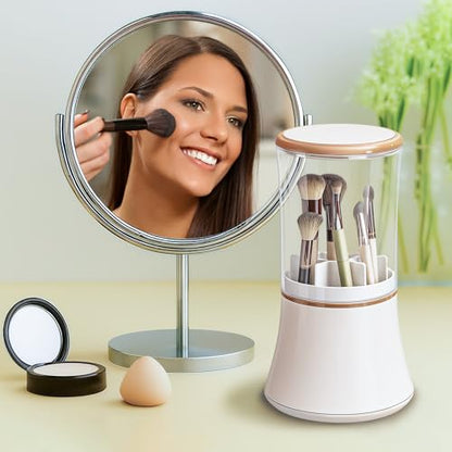 Makeup Brush Holder with Lid Cosmetic Tools Organizer 360 Rotating Waterproof Dustproof Make Up Brushes Storage for Vanity Bathroom Countertop - color: White slender
