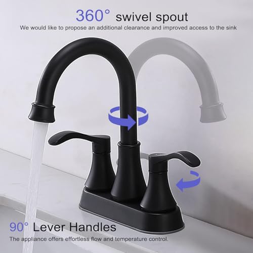 Lead-Free Antique 2 Handle Bathroom Sink Faucet, 360° Swivel High-Arc Spout 4-Inch Centerset Lavatory Vanity Faucets Set with Drain & Water Hoses, Matte Black
