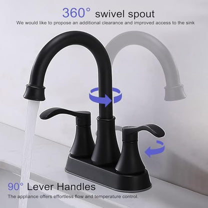 Lead-Free Antique 2 Handle Bathroom Sink Faucet, 360° Swivel High-Arc Spout 4-Inch Centerset Lavatory Vanity Faucets Set with Drain & Water Hoses, Matte Black