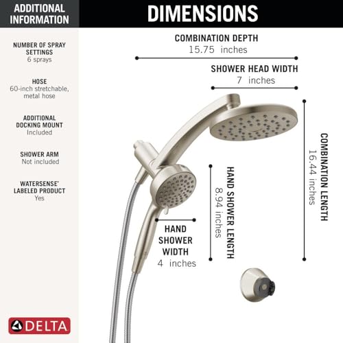 Delta 6-Setting PivotPro 3-in-1 Combination Shower Head with ProClean Spray, Brushed Nickel Round Shower Head Rainfall with Handheld Spray, 1.75 GPM, SpotShield Brushed Nickel 75649SN - color: Spotshield Brushed Nickel
