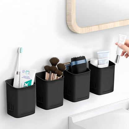 2 Pack Wall Mounted Toothbrush Holders，Removable Drill-Free Wall Shower Holder for Toothbrush,Toothpaste, Razor, Self-draining Self Adhesive Cup in Shower, Kitchen Tableware Organizer (Black - color: Black-2pcs
