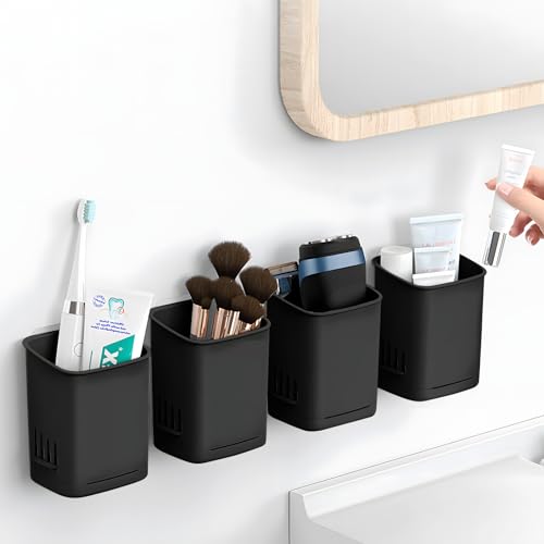 Toothbrush Holder Cup Wall Mounted Drill-Free for Bathroom Shower Electric Toothbrush Toothpaste Razor Holder Removable Waterproof Sturdy Self Draining, Tableware Holder for Kitchen(1pcs&Black) - color: Black-1pcs
