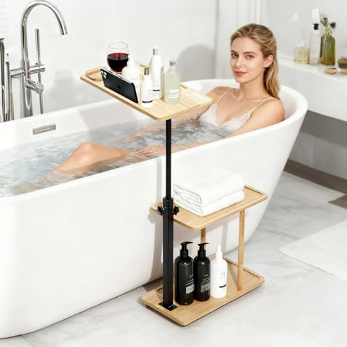 3 Layer Bathtub Tray Table,Bamboo Swivel Bathtub Side Table Height Adjustable,Freestanding Bathtub Tray for Tub Against Wall,Bathtub Accessories&Bathroom Organizer for Luxury Home Spa (Natural1) - color: Natural1