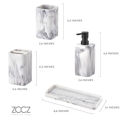 Bathroom Accessory Sets, 4 Pieces Bathroom Accessories Complete Set Vanity Countertop Accessory Set with Marble Look, Includes Lotion Dispenser, Toothbrush Holder and Tray (White Marble Look) - color: White Marble Look
