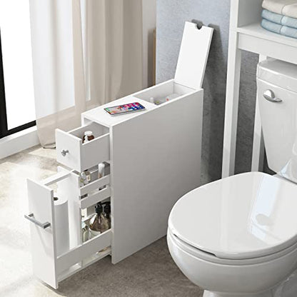 Spirich Slim Bathroom Storage Cabinet with Toilet Paper Holder, White | Slide-Out Drawers, Hidden Top Compartment, Toilet Paper Storage for Small Bathrooms, Powder Rooms, and Narrow Spaces - color: White