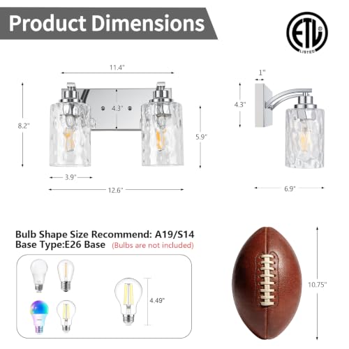 2-Light Bathroom Light Fixtures Modern Chrome Vanity Lights | Easy to Install Clear Hammered Glass Shades, Rippled Glow, Wall Mount Up or Down, E26 Socket, Hardwired, 120V - color: Chrome Hammer, size: 2 Lights