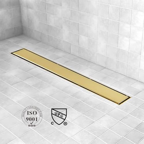40" Linear Shower Drain Brushed Gold Drain with Tile Insert Grate | AISI 304 Stainless Steel Fast Drainage Rectangle Hidden Shower Trench,Detachable Hair Catcher Easy to install,Leveling Feet - color: Gold, size: 40 Inch (No Base)