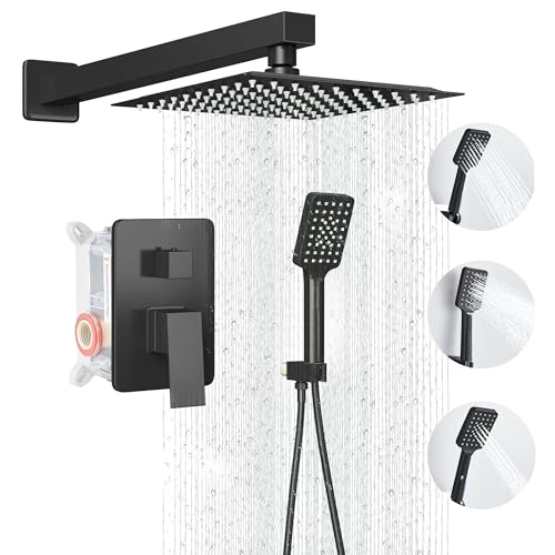 Shower Head Matte Black, Shower Faucet Set Bathroom Shower System with 8 inch Square Rain Shower Head Wall Mounted with 3-Setting Handheld Spray, Rainfall Shower Combo Set - color: Matte Black, style: 8 Inch With 3-Setting