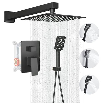 Shower Head Matte Black, Shower Faucet Set Bathroom Shower System with 8 inch Square Rain Shower Head Wall Mounted with 3-Setting Handheld Spray, Rainfall Shower Combo Set - color: Matte Black, style: 8 Inch With 3-Setting