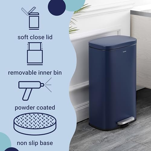happimess Curtis 8 Gal Step Trash Can Soft Close 25", Denim Blue | Iron Construction, Satin Finish, Removable Liner, Steel Pedal, 20 Trash Bags Included, Kitchen Office Bin - color: Denim Blue