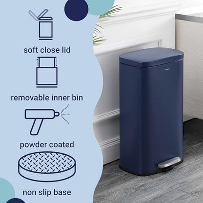 happimess Curtis 8 Gal Step Trash Can Soft Close 25", Denim Blue | Iron Construction, Satin Finish, Removable Liner, Steel Pedal, 20 Trash Bags Included, Kitchen Office Bin - color: Denim Blue