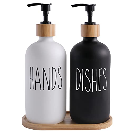 MOMEEMO Soap Dispenser Set, Black & White | Contains Hand and Dish Soap Dispenser, Suitable for Kitchen Decor - color: Hd Black White & Tray