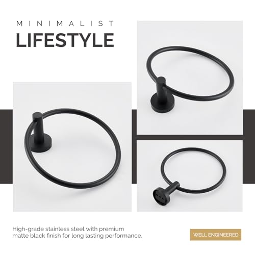 Angle Simple Matte Black Hand Towel Ring, Swivel Towel Holder Wall Mount | Sturdy Stainless Steel, Easy Move Back and Forth, Silent Gasket Smooth Rotation, Use in Bathroom Shower Kitchen Vanity Sink - color: Matte Black
