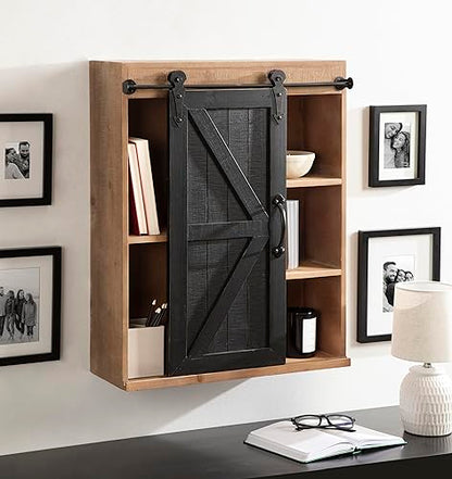 Kate and Laurel Cates Rustic Wall Cabinet; 22 x 28; Black and Rustic Brown; Farmhouse Wall-Mounted Storage Cabinet - color: Rustic Brown/Black