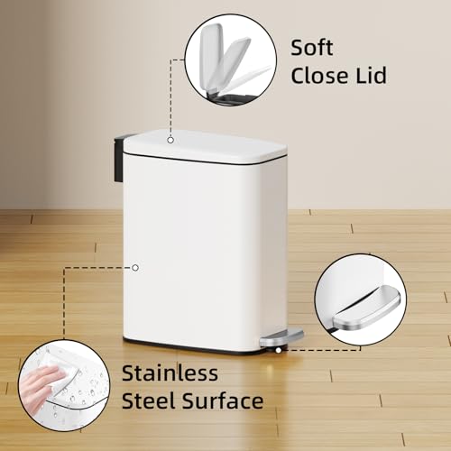 KSSKSS Small Bathroom Trash Can with Lid Soft Close, Step Pedal, 6L / 1.6 Gal Stainless Steel Garbage Bin with Removable Inner Bucket, Slim Wastebasket for Narrow Spaces (White) - color: White--H