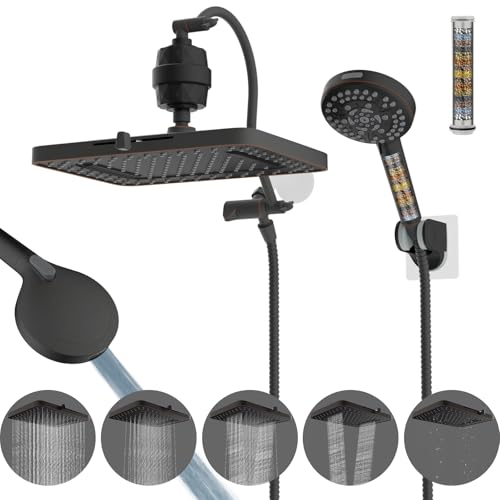 Hibbent 13'' Filtered Shower Head with 10-Spray Handheld, Oil Rubbed Bronze | 5 Modes Rainfall Shower Head, High Pressure Showerhead Combo, 20 Stage Shower Filter, 12'' Extension Arm, 71'' Hose & Holder - color: Oil Rubbed Bronze, style: Square 13'' with