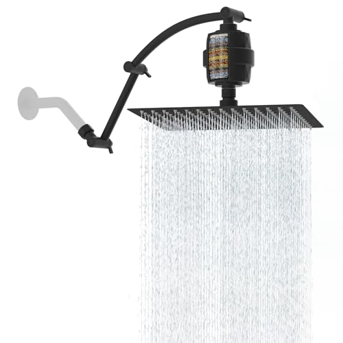 Hibbent 12'' Filtered Rain Shower Head with 16'' Extension Arm, Matte Black | High Pressure Rainfall Showerhead, Brass Adjustable Shower Head Extension Arm, 20 Stage Shower Filter, Fixed Showerheads - color: Matte Black, style: Square 12'' with Filter