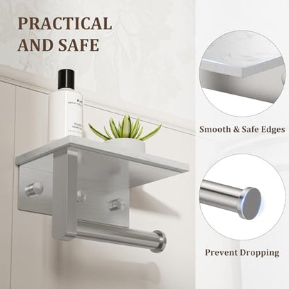 BWE Brushed Nickel Toilet Paper Holder with Marble Shelf Wall Mounted | Toilet Paper Roll Holder with Phone Shelf 304 Stainless Steel Tissue Holder for Bathroom Washroom,Saving Space - color: Brushed Nickel