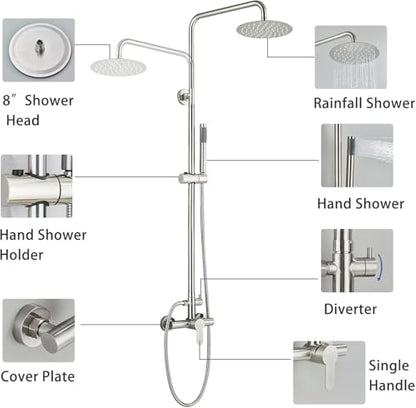 Rain Shower System Outdoor Shower Fixtures with 8" Rain Shower Head Handheld Sprayer Single Handle Wall Mounted Bathroom Shower Faucet Set Brushed Nickel for Bathroom or Backyard - color: ‎Brushed Nickel, style: Two Modes