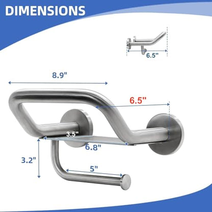 Grab Bar Toilet Paper Holder Combo, 3-in-1 Bathroom Grab Bar with Paper Holder and Phone Shelf, 304 Stainless Steel Safety Bars, Toilet Paper Assist Bars, Toilet Grab Bar for Seniors, Wall Mount - size: 8.9 inch wide upgrade