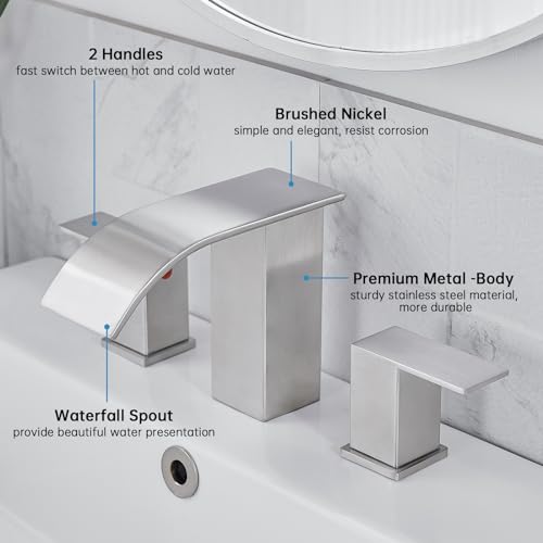 RUMOSE Bathroom Faucets Nickel Bathroom Sink Faucet 3 Hole with Drain | 8 inch Widespread 2 Handles Lavatory Vanity Faucet Set, Waterfall Spout, Deck Mounted, Pop Up Drain, Stainless Steel - color: Brushed Nickel