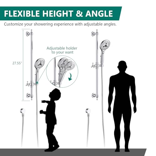 Handheld Shower Head with Slide Bar Combo, 6 Settings Handheld Shower with ON/OFF Pause Switch, Adjustable Height 27.5" Long Slide Bar, Round Wall Supply Elbow and 6.6ft Shower Hose, Chrome - color: Chrome