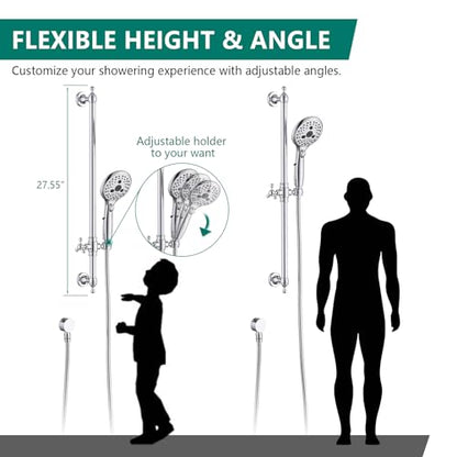 Handheld Shower Head with Slide Bar Combo, 6 Settings Handheld Shower with ON/OFF Pause Switch, Adjustable Height 27.5" Long Slide Bar, Round Wall Supply Elbow and 6.6ft Shower Hose, Chrome - color: Chrome