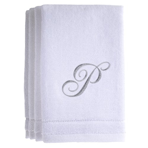 Monogrammed Towels Fingertip, Personalized Gift, 11 x 18 Inches - Set of 4- Silver Embroidered Towel - Extra Absorbent 100% Cotton- Soft Velour Finish - For Bathroom/ Kitchen/ Spa- Initial P (White) - color: P