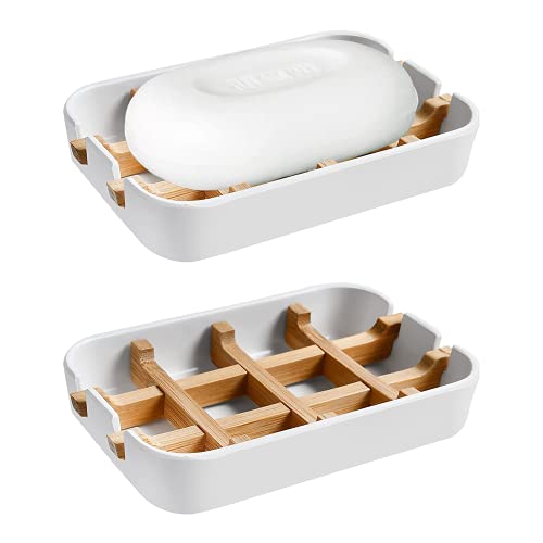 Aoheuo Modern Bamboo Fiber soap Holder and soap Dish Combination (Removable), White, 5.12 Long by 3 Wide, 0.98 inches high, Used in Kitchens, bathrooms, and bar Sinks - color: White, size: 1Pack (Bamboo)