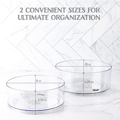 Oizeir Lazy Susan Turntable (2-Pack) - Clear Acrylic, Rotates 360 Degrees, Easily Organize Your Fridge, Cabinet or Counter - Carousel Storage for Food, Spices, Cosmetics | Clear Acrylic, Non-Skid, Raised Edge; Rotating Spice Rack for Kitchen, Pantry, Frid