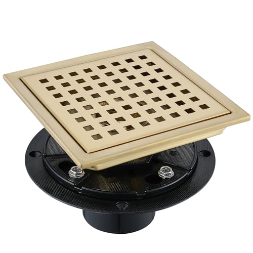 4 Inch Square Shower Floor Drain, Stainless Steel Black Shower Drain Kit with Flange, Floor Drain with Removable Grid Cover,Brushed Gold - color: Brushed Gold, size: 4 inch-Grid