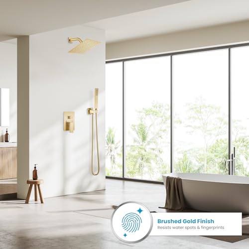 gotonovo Rainfall Bathroom Shower System Rain Shower Head and Handle Set Wall Mounted Shower Complete Combo Solid Brass Pressure Balancing Shower Mixer Valve 8 Inch Brushed Gold - color: Brushed Gold, size: 8 Inch