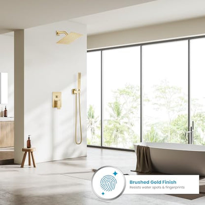 gotonovo Rainfall Bathroom Shower System Rain Shower Head and Handle Set Wall Mounted Shower Complete Combo Solid Brass Pressure Balancing Shower Mixer Valve 8 Inch Brushed Gold - color: Brushed Gold, size: 8 Inch