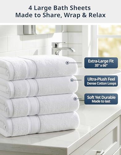LANE LINEN Bath Sheets 100% Cotton 4 Pack Oversized Soft - White | Oversized Shower Sheets - Generously Sized, Oversized & Roomy, Lightweight & Breathable, Fade-Resistant Color - color: 01: White, size: 4 Piece Bath Sheets (35" x 66")