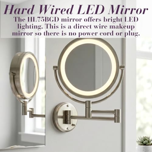 JERDON Hardwired Wall-Mount Makeup Mirror - 8X/1X - Nickel - HL75ND | 8.5" Diameter, 13.5" Wall Arm, LED Lighting, Direct Wire Installation - color: Nickel Direct Wire