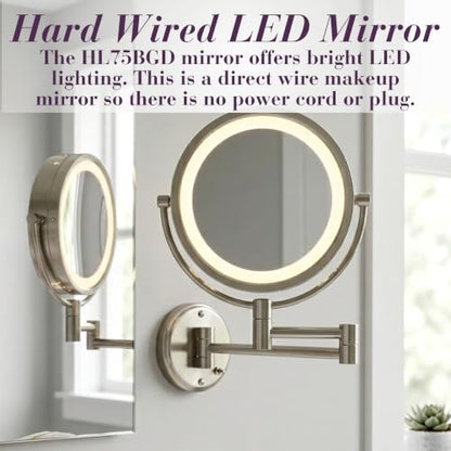 JERDON Hardwired Wall-Mount Makeup Mirror - 8X/1X - Nickel - HL75ND | 8.5" Diameter, 13.5" Wall Arm, LED Lighting, Direct Wire Installation - color: Nickel Direct Wire