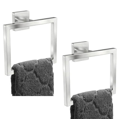 FLE Hand Towel Ring, Towel Rings for Bathroom Wall, 2 Pack, Brush Nickel | Screw Mount Hardware, Stainless Steel Towel Hanger, Modern Square Hardware - color: Brushed Nickel