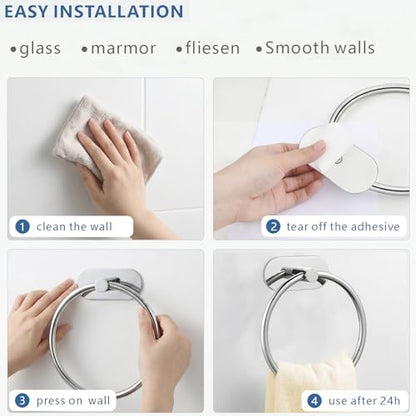 Self-Adhesive Towel Ring, No Drill Stainless Steel Round Hand Towel Holder, Rustproof Waterproof Towel Hanger with Strong Sticky Base, Modern Wall-Mounted Towel Loop for Bathroom Kitchen (Chrome) - color: Chrome