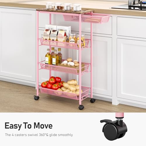 KINGRACK 4-Tier Slim Storage Cart, Metal Rolling Cart, Organizer with Wooden Tabletop and Drawer Basket, Mobile Shelving Unit for Kitchen, Bathroom, Laundry Room, Pink - color: Pink