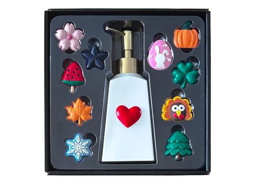Seasonal Soap Dispenser with 11 Interchangeable Magnets - Seasonal Decor - Farmhouse Bathroom Kitchen Decor (Resin,Built in Magnet) - 8.82oz (Gold) - color: Gold