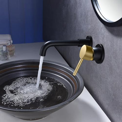 SUMERAIN Wall Mount Bathroom Faucet, Black and Gold | One Handles, Rough in Valve Included, For Bathroom Sink, Swivel Spout - color: Black and Gold, size: Right-Handed